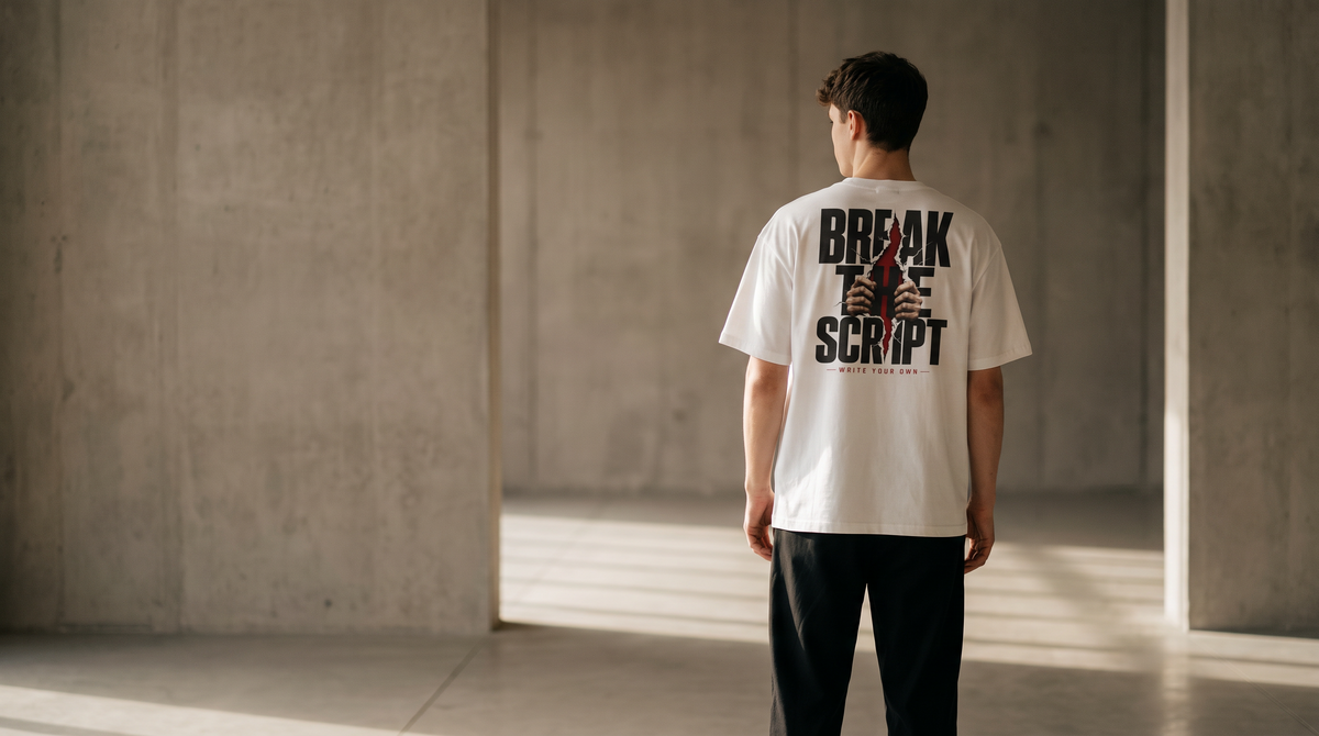 Levioco model wearing the Break The Script oversized tee in a concrete gallery space